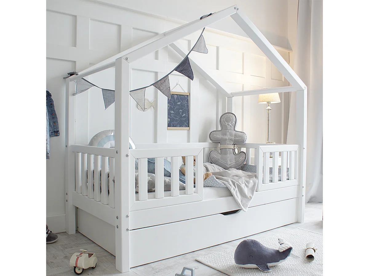 Lit cabane 90x190 barrières sommier et tiroir inclus Roxane Blanc