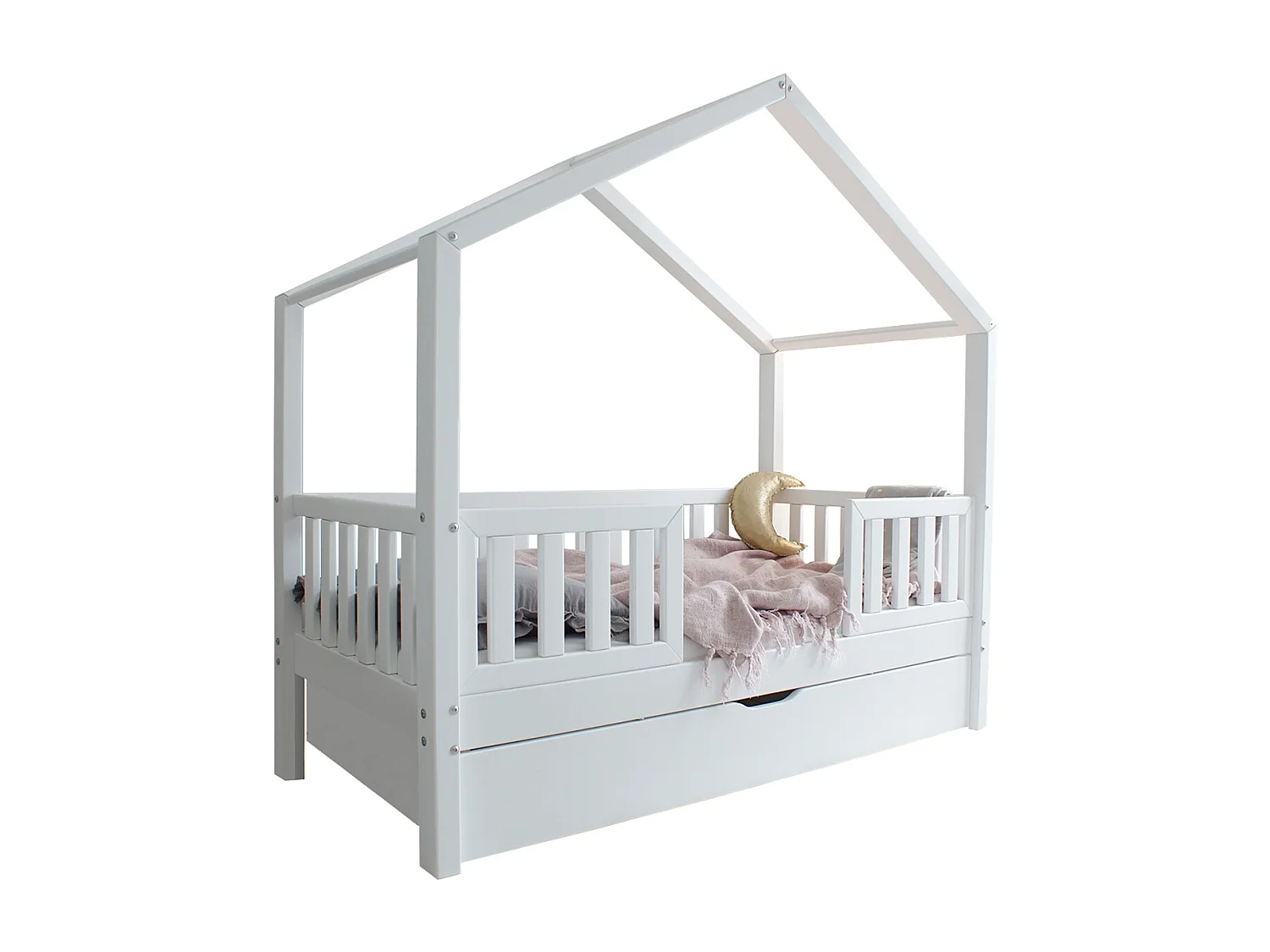 Lit cabane 90x190 barrières sommier et tiroir inclus Roxane Blanc