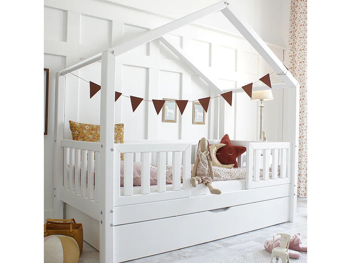 Lit cabane 90x190 barrières sommier et tiroir inclus Roxane Blanc