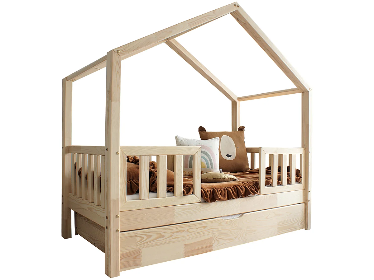 Lit cabane 90x190 barrières sommier et tiroir inclus Roxane Bois