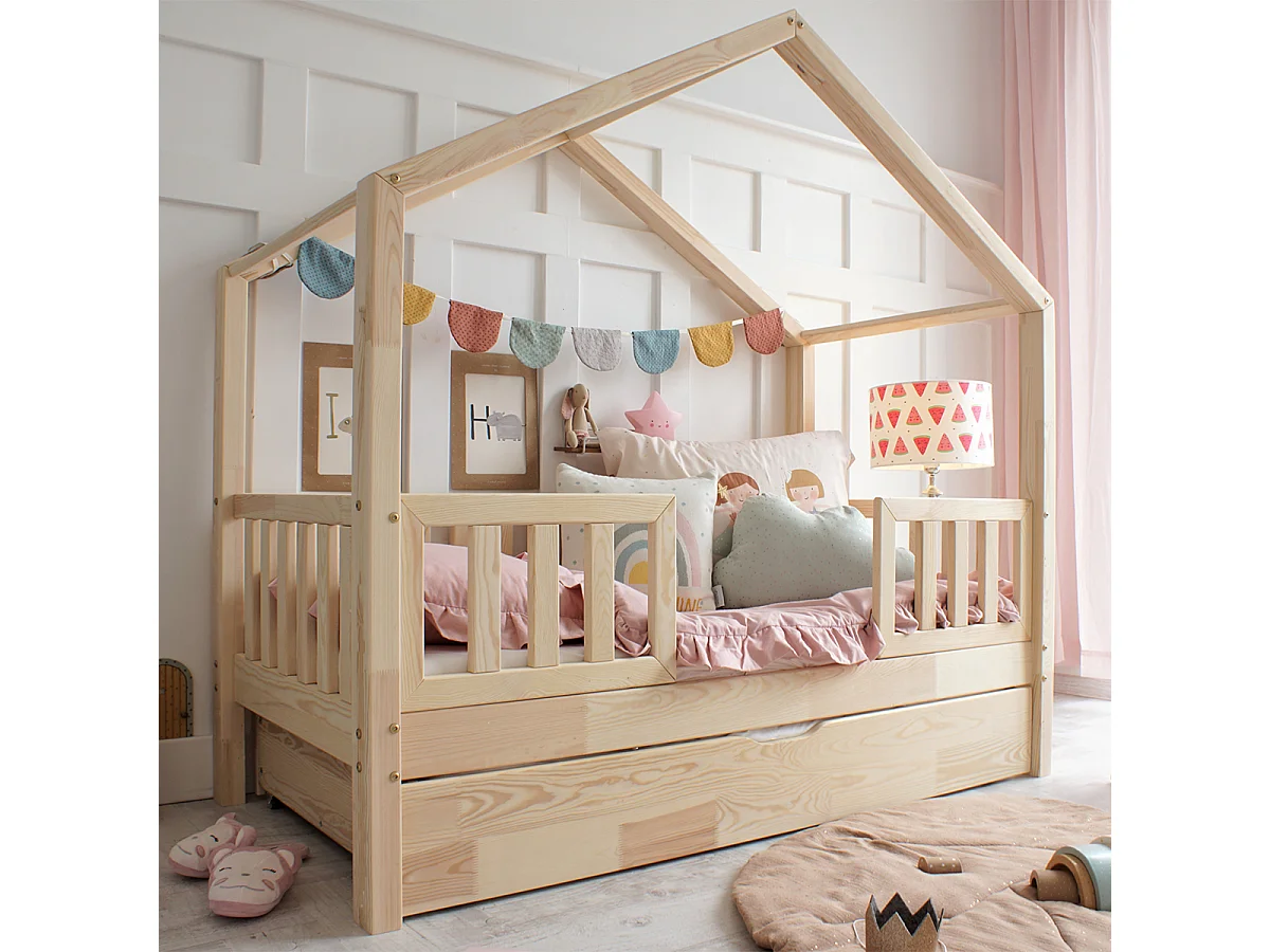 Lit cabane 90x190 barrières sommier et tiroir inclus Roxane Bois