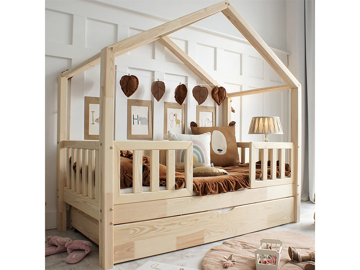 Lit cabane 90x190 barrières sommier et tiroir inclus Roxane Bois