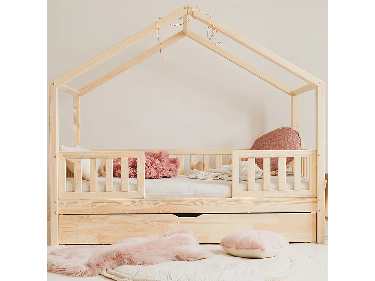 Lit cabane 90x190 barrières sommier et tiroir inclus Roxane Bois