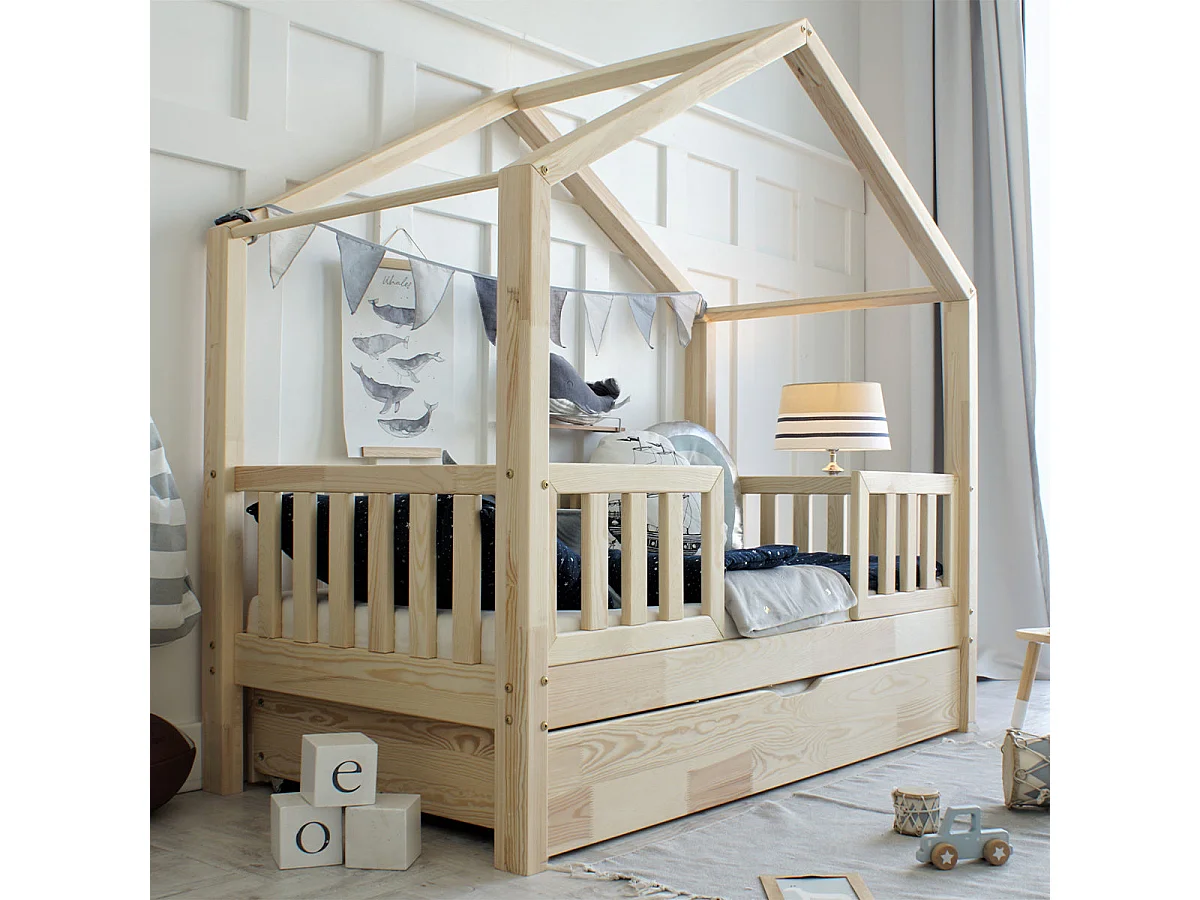Lit cabane 90x190 barrières sommier et tiroir inclus Roxane Bois