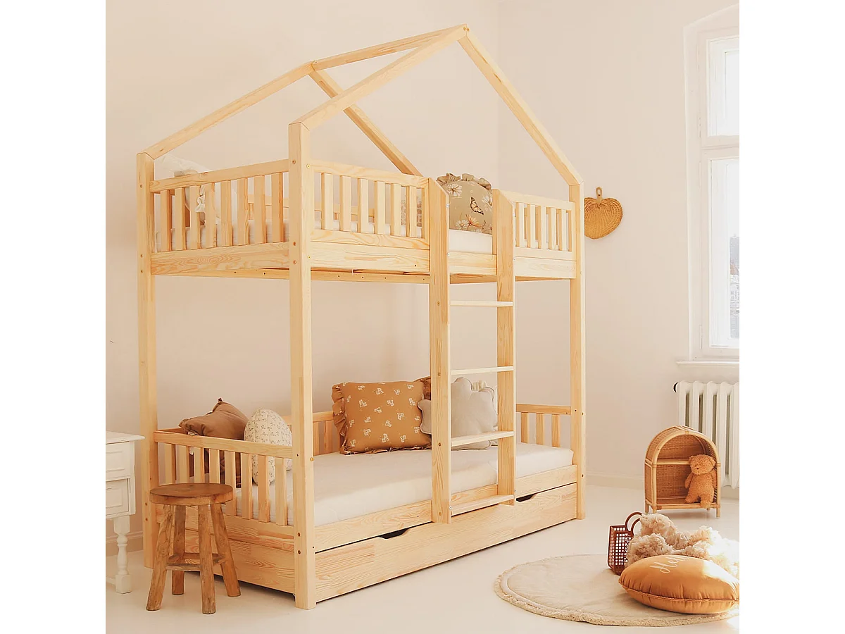 Lit cabane superposé 90x190 barrière sommier et tiroir inclus Roxane Bois