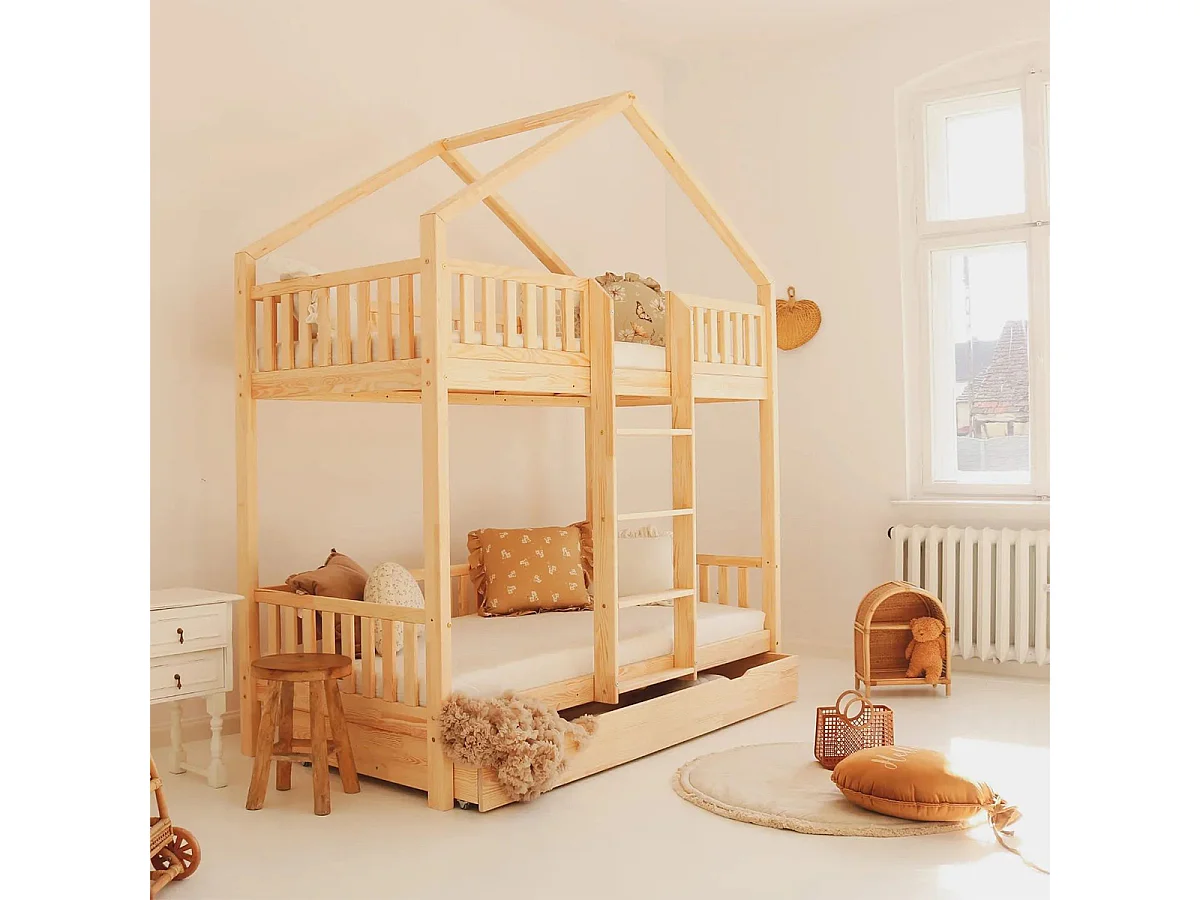 Lit cabane superposé 90x190 barrière sommier et tiroir inclus Roxane Bois