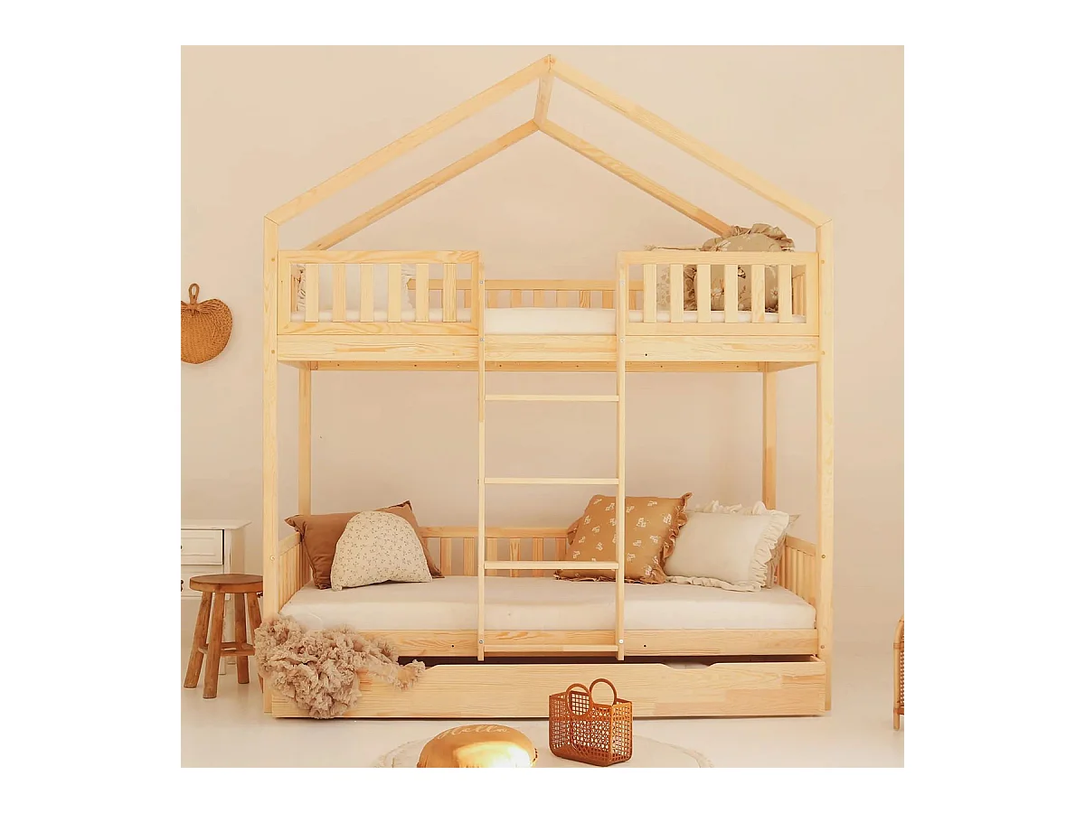 Lit cabane superposé 90x190 barrière sommier et tiroir inclus Roxane Bois