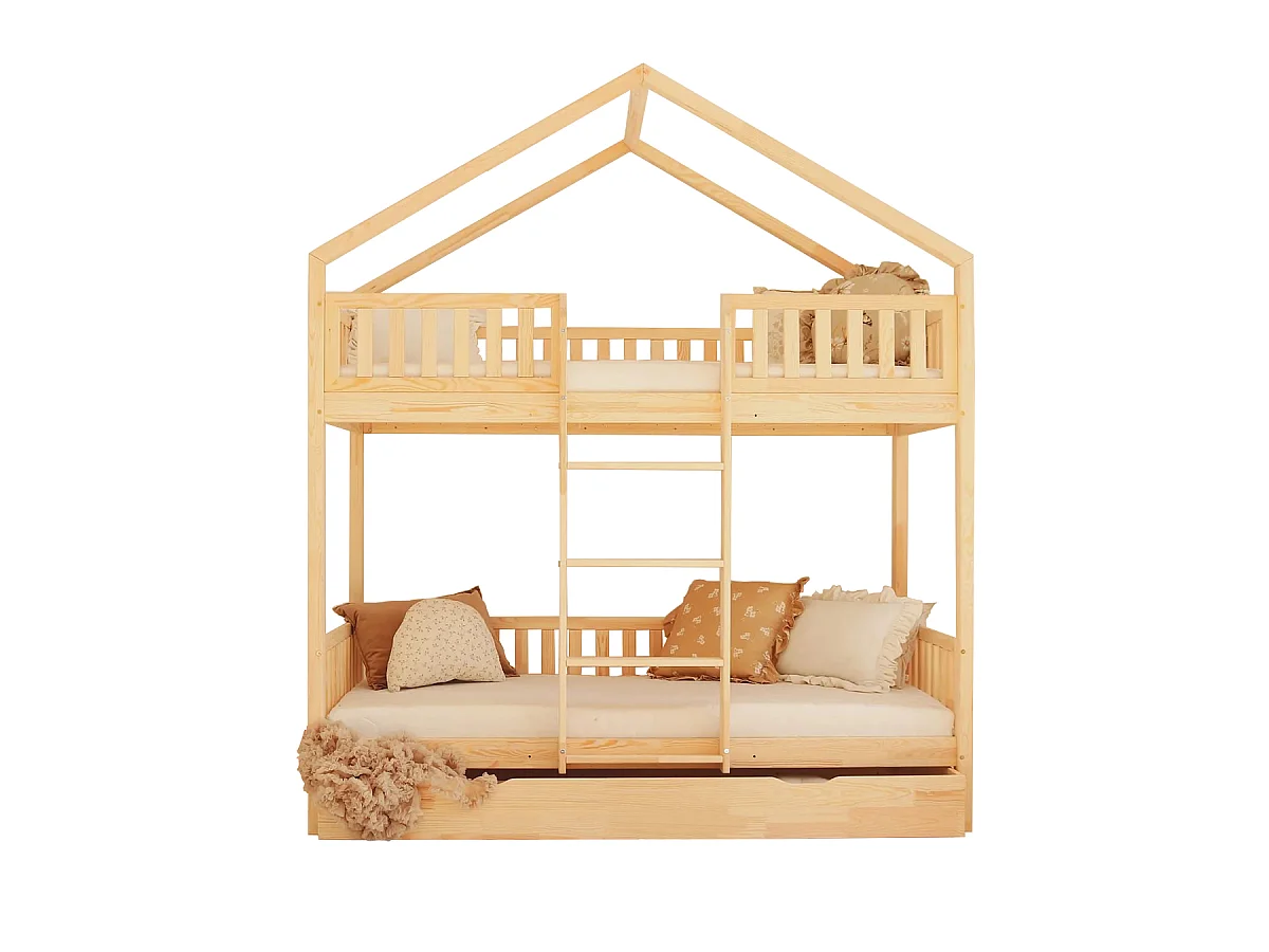 Lit cabane superposé 90x190 barrière sommier et tiroir inclus Roxane Bois
