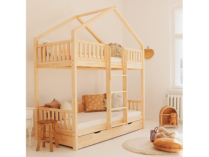 Lit cabane superposé 90x190 barrière sommier et tiroir inclus Roxane Bois