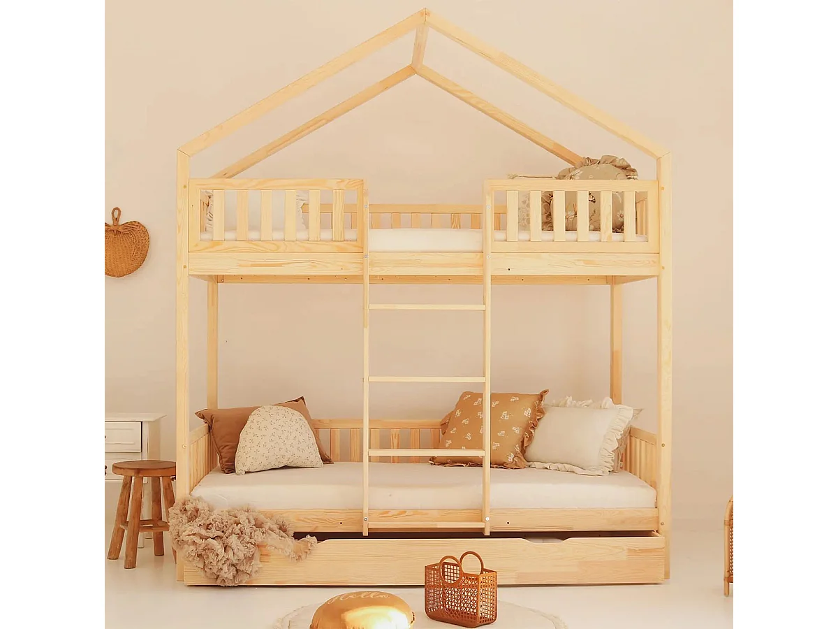 Lit cabane superposé 90x190 barrière sommier et tiroir inclus Roxane Bois