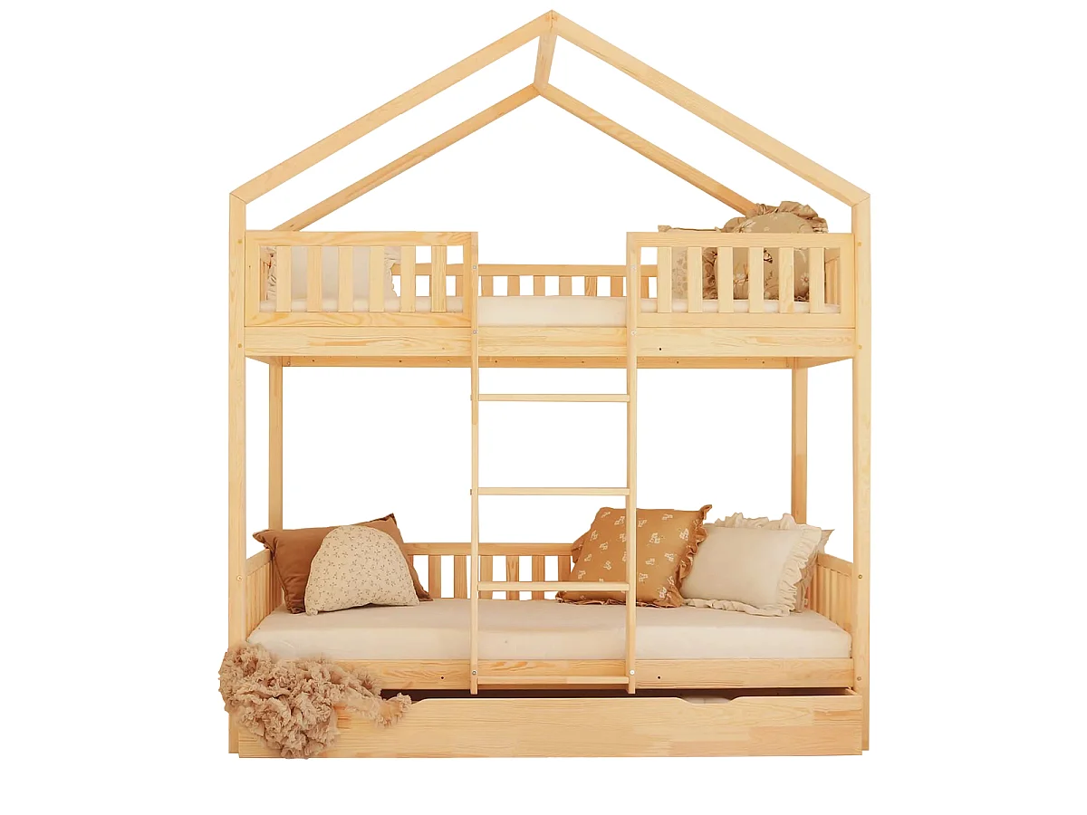 Lit cabane superposé 90x190 barrière sommier et tiroir inclus Roxane Bois