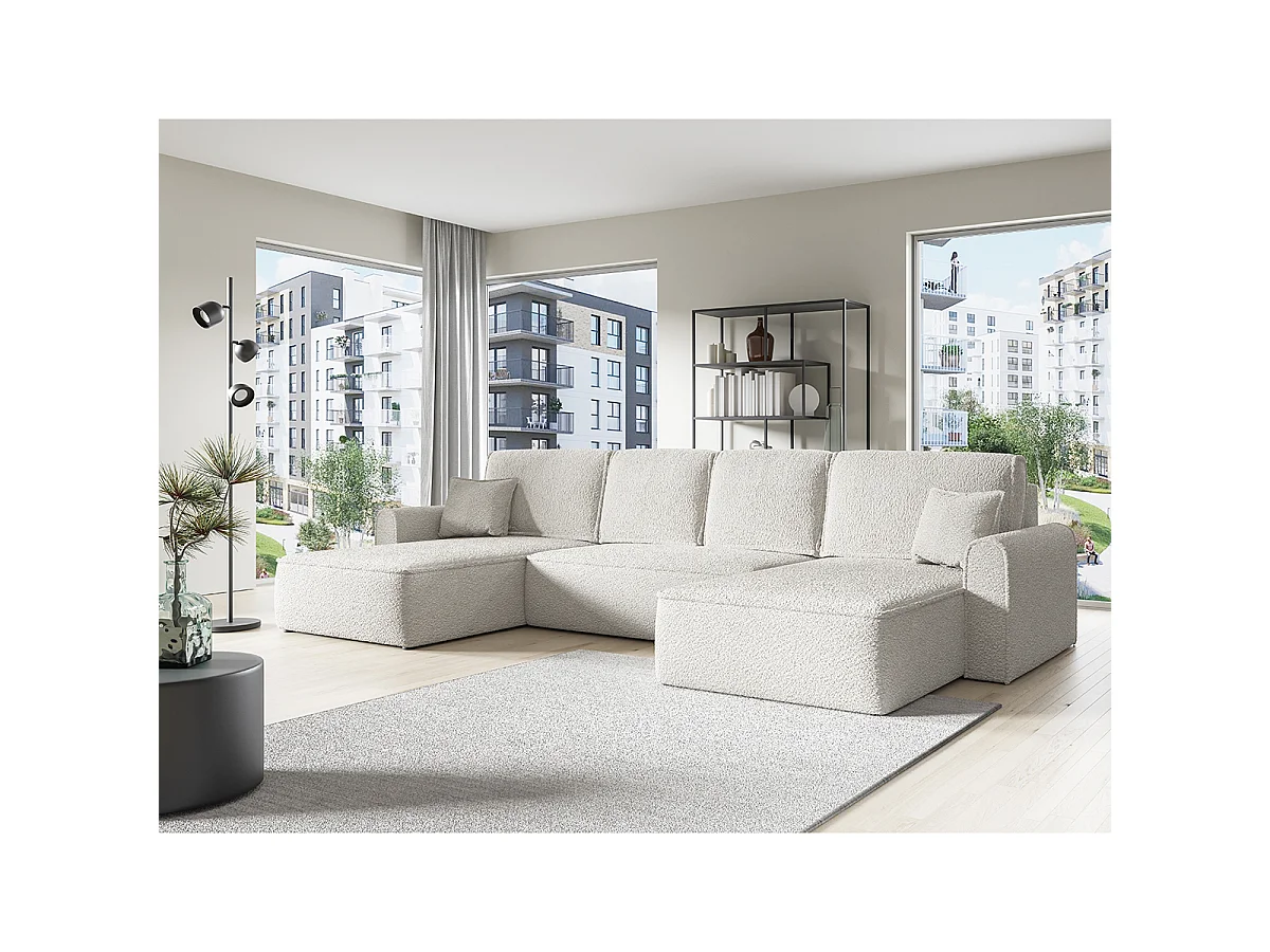 Canapé d'angle convertible 5 places avec coffre en tissu blanc