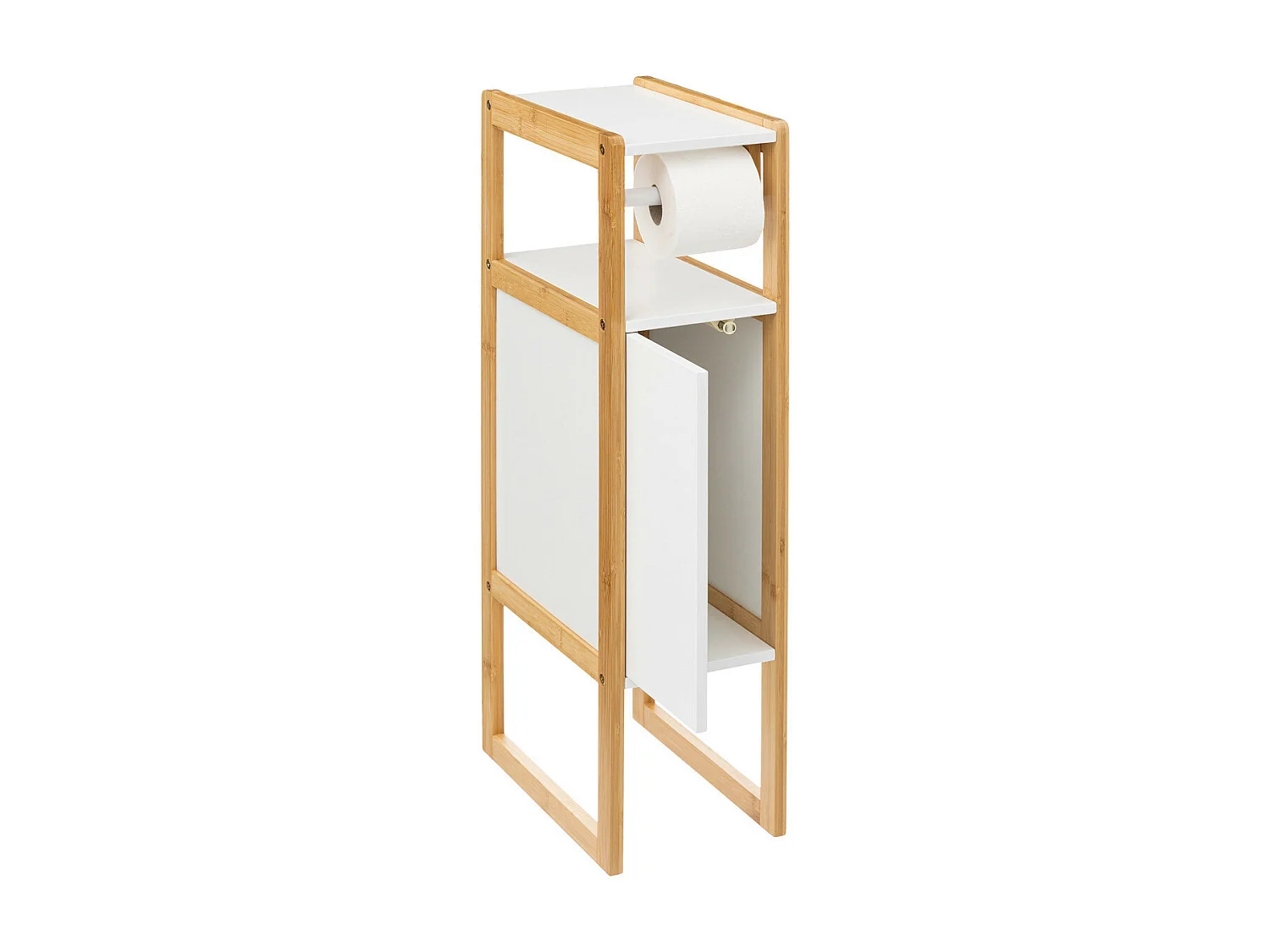 Meuble Réserve et Dérouleur de Papier WC en Bambou et Bois Blanc H 80 cm