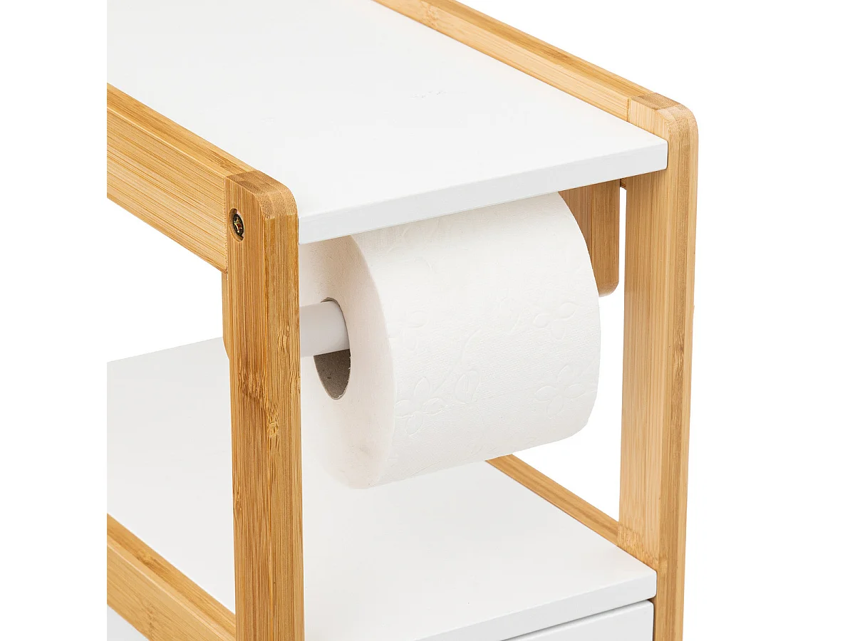 Meuble Réserve et Dérouleur de Papier WC en Bambou et Bois Blanc H 80 cm