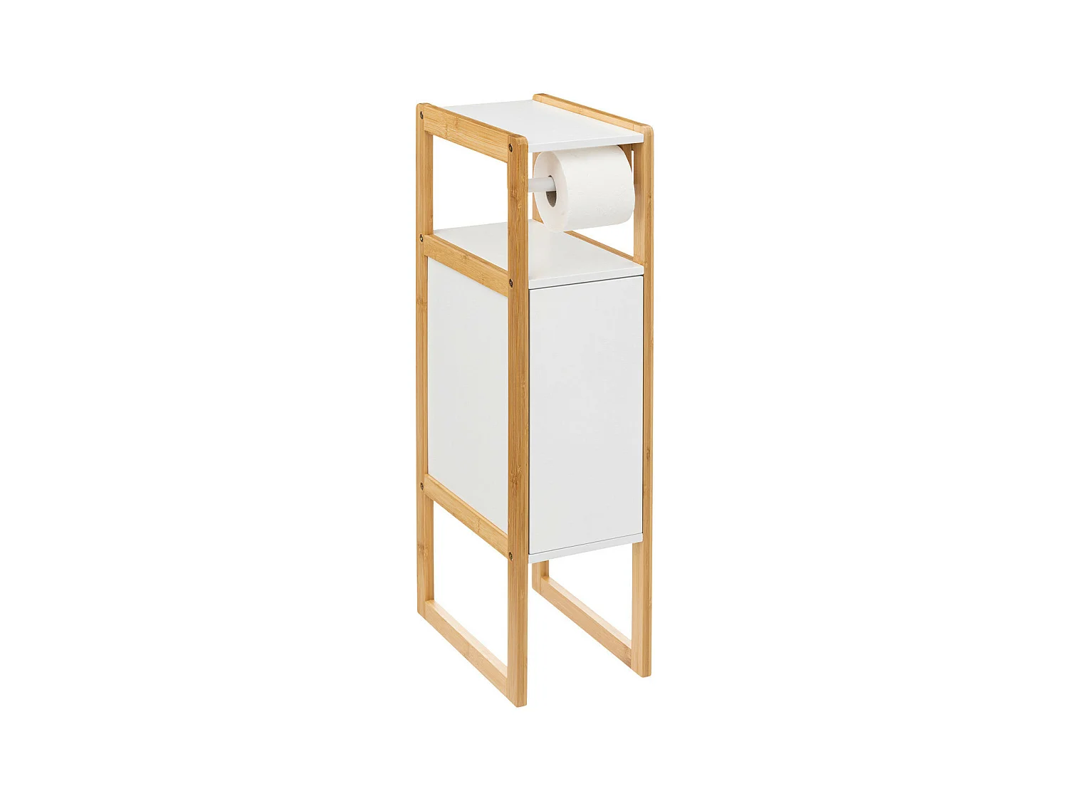 Meuble Réserve et Dérouleur de Papier WC en Bambou et Bois Blanc H 80 cm