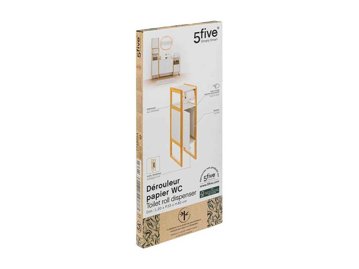 Meuble Réserve et Dérouleur de Papier WC en Bambou et Bois Blanc H 80 cm
