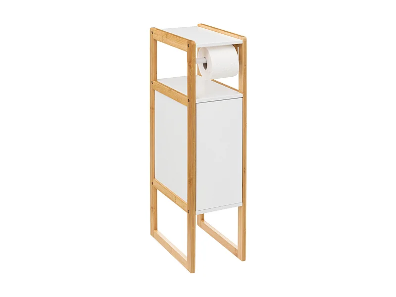 Meuble Réserve et Dérouleur de Papier WC en Bambou et Bois Blanc H 80 cm