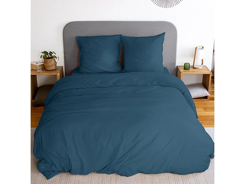 Parure 240x220 cm MILA polyester micro lavée bleu nuit 3 pièces