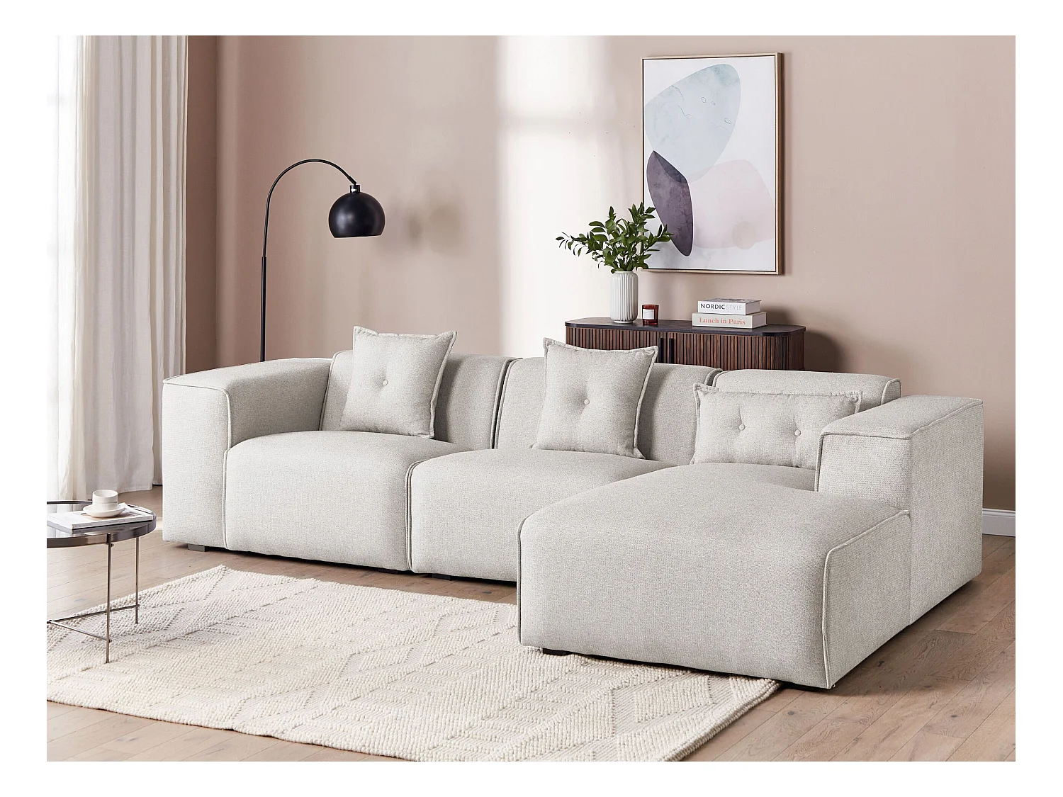 Canapé d'Angle Côté droite 3 Places avec Coussins Rembourré en Tissu Beige Clair Dolva