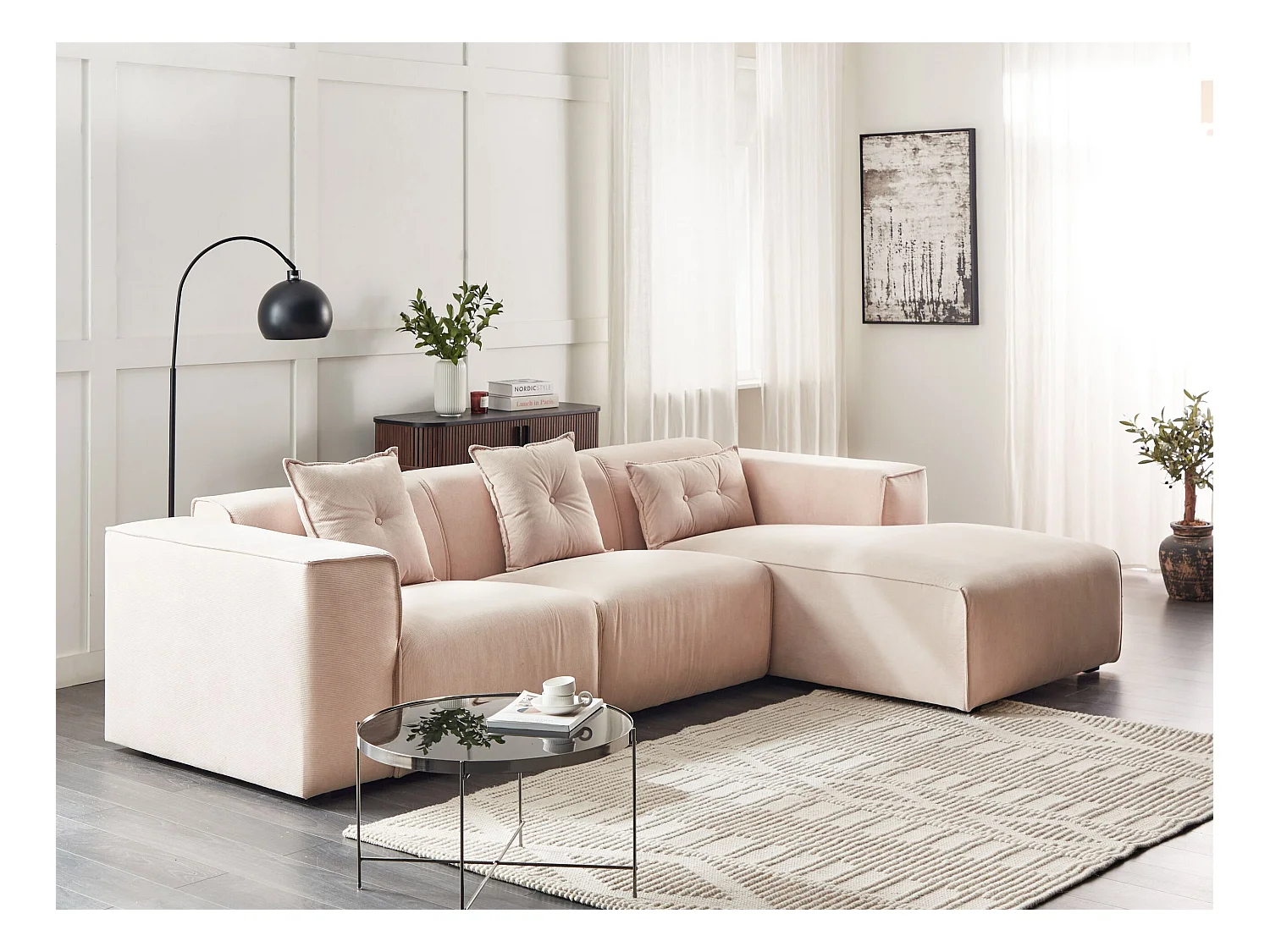 Canapé d'Angle Côté droite 3 Places avec Coussins en Velours Côtelé Beige Dolva