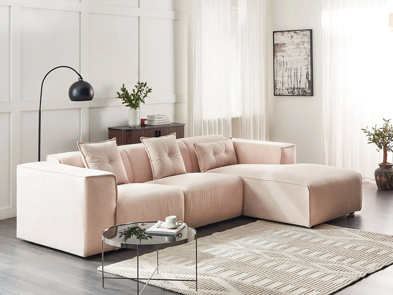Canapé d'angle DOLVA Velours côtelé Beige 3 places Côté gauche