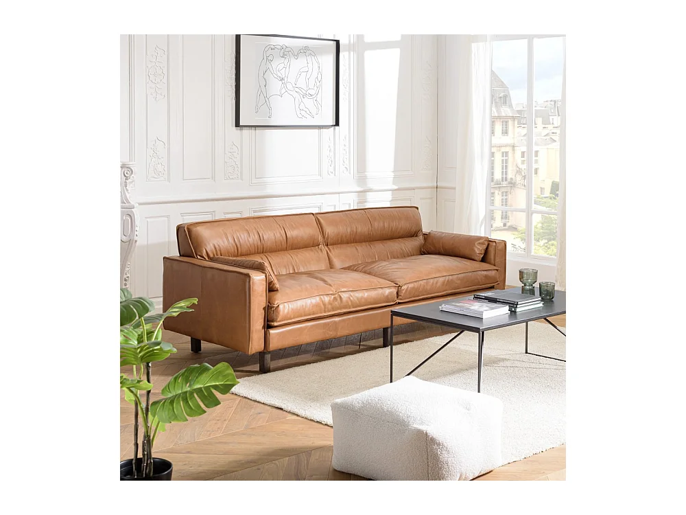 GASTON - Canapé 3 places vintage en cuir marron camel, pieds en bois