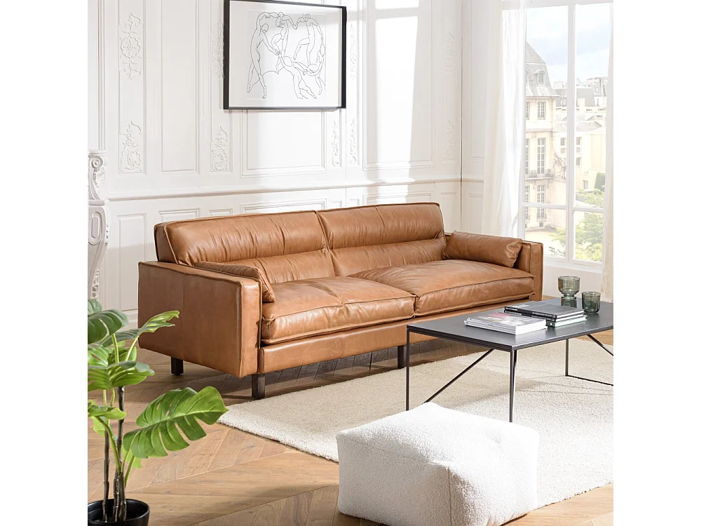 GASTON - Canapé 3 places vintage en cuir marron camel, pieds en bois