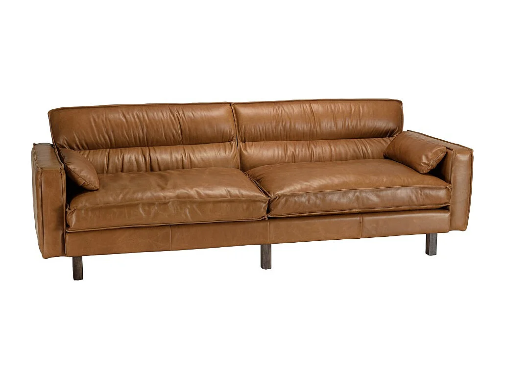 GASTON - Canapé 3 places vintage en cuir marron camel, pieds en bois