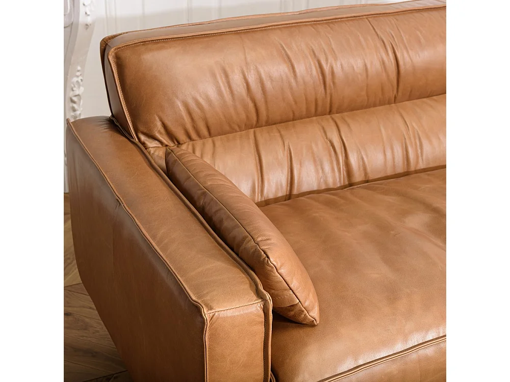 GASTON - Canapé 3 places vintage en cuir marron camel, pieds en bois