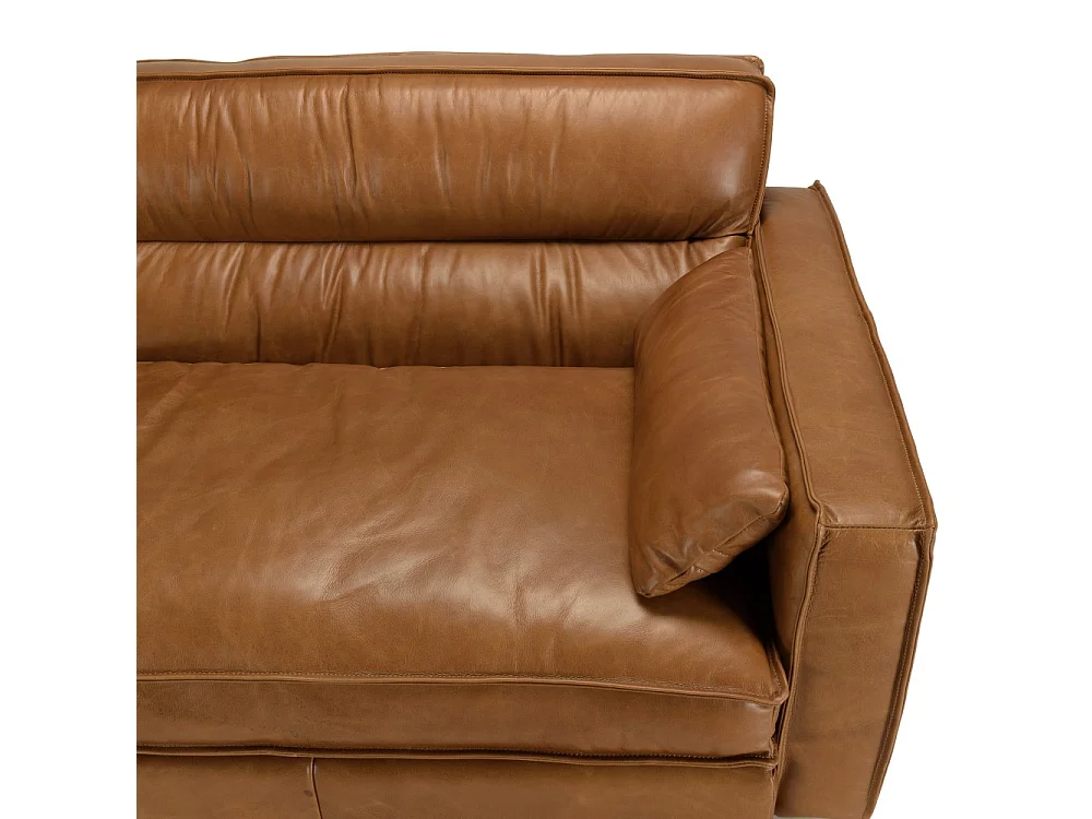 GASTON - Canapé 3 places vintage en cuir marron camel, pieds en bois