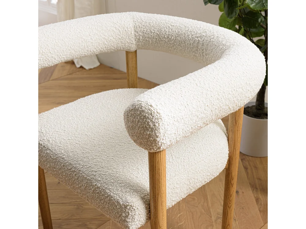GASTON - Chaise tissu bouclette, dossier arrondi pieds bois blanc