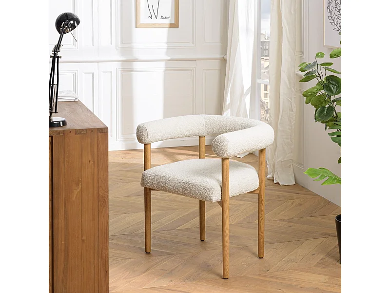 GASTON - Chaise tissu bouclette, dossier arrondi pieds bois blanc