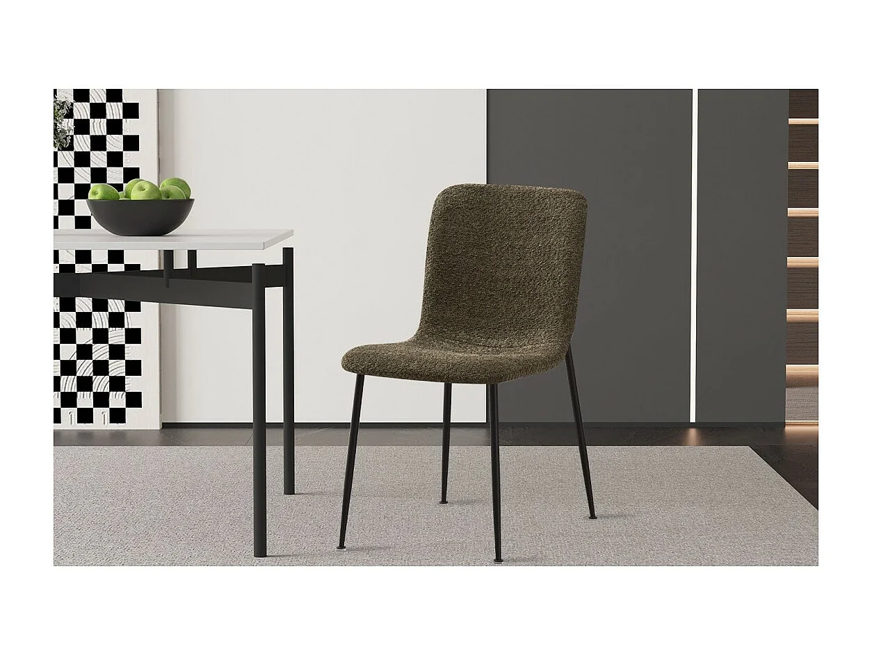 Chaise ALICE – Tissu bouclé vert et pieds métal noir – H82 × L42 × P57 cm