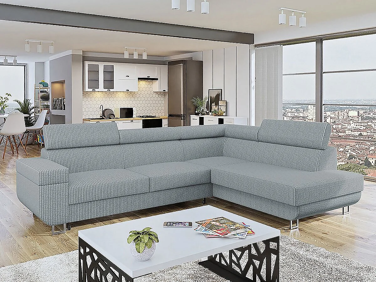 Canapé d'angle Droit "Fonti" en velours côtelé - 5 places - Gris