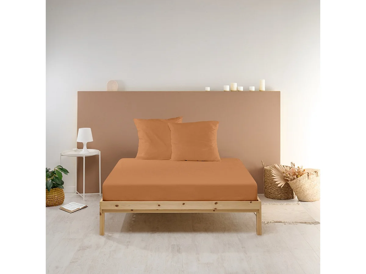 Drap housse uni 100% Percale de coton - Terracotta - 140x190cm