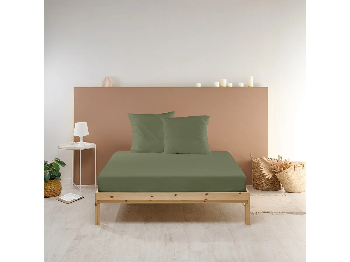 Drap housse uni 100% Percale de coton - Kaki - 160x200cm