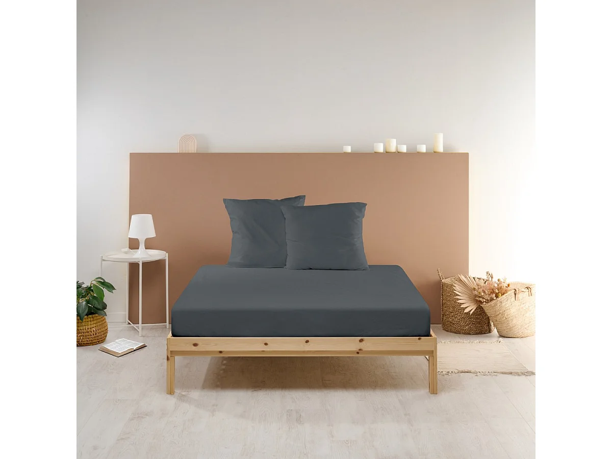 Drap housse uni 100% Percale de coton - Anthracite - 180x200cm