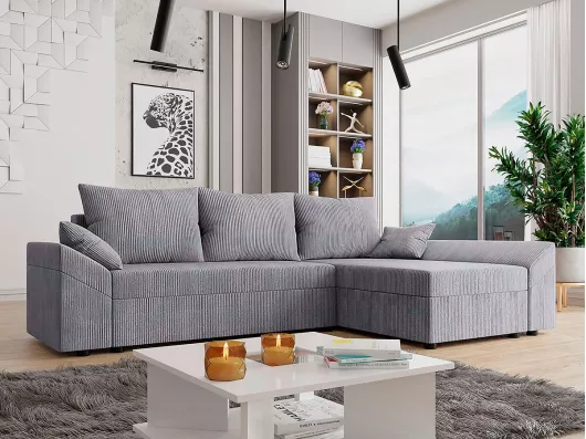 Kauf Unique Ecksofa "Vaugirard" aus Cord mit Schlaffunktion und Bettkasten - 3-Sitzer - Grau