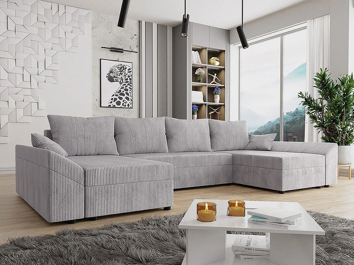 Canapé panoramique "Vaugirard" en velours côtelé - 5 places - Gris