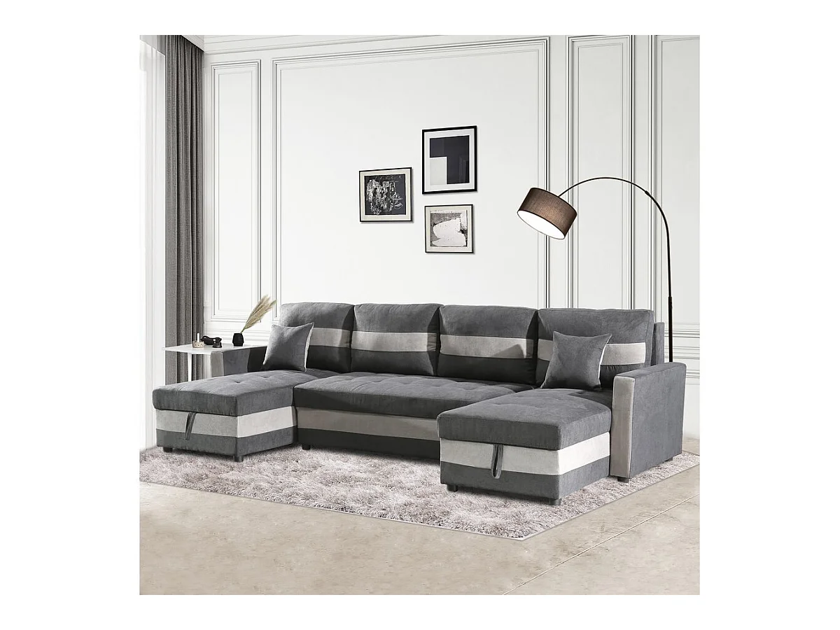Canapé panoramique convertible avec coffres de rangement "Antoine" - 5 places - Gris foncé/ Gris clair