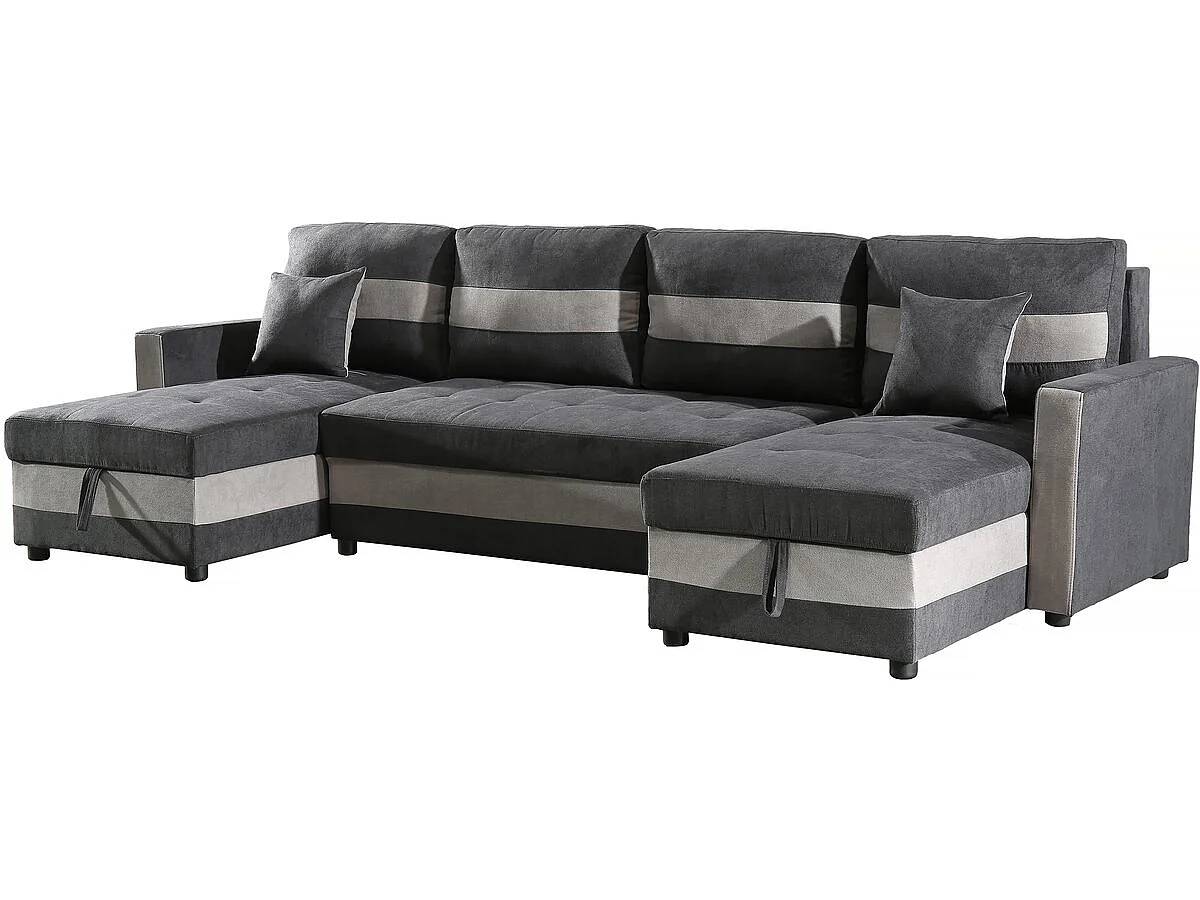 Canapé d'angle panoramique convertible 5 places en tissu gris clair ANTOINE