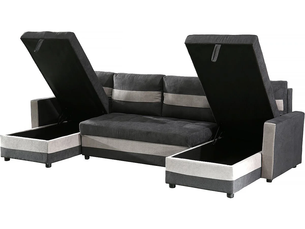 Canapé d'angle panoramique convertible 5 places en tissu gris clair ANTOINE