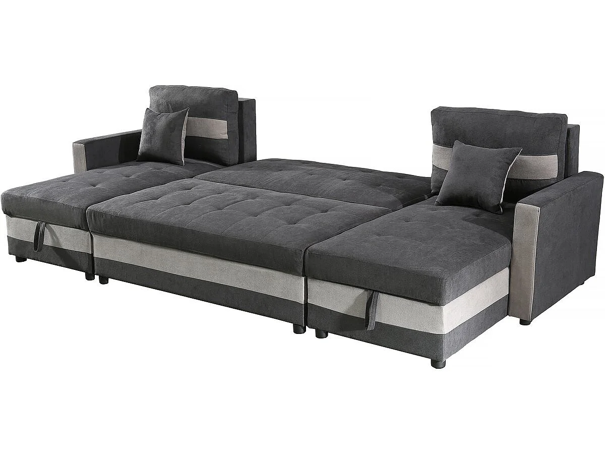 Canapé d'angle panoramique convertible 5 places en tissu gris clair ANTOINE