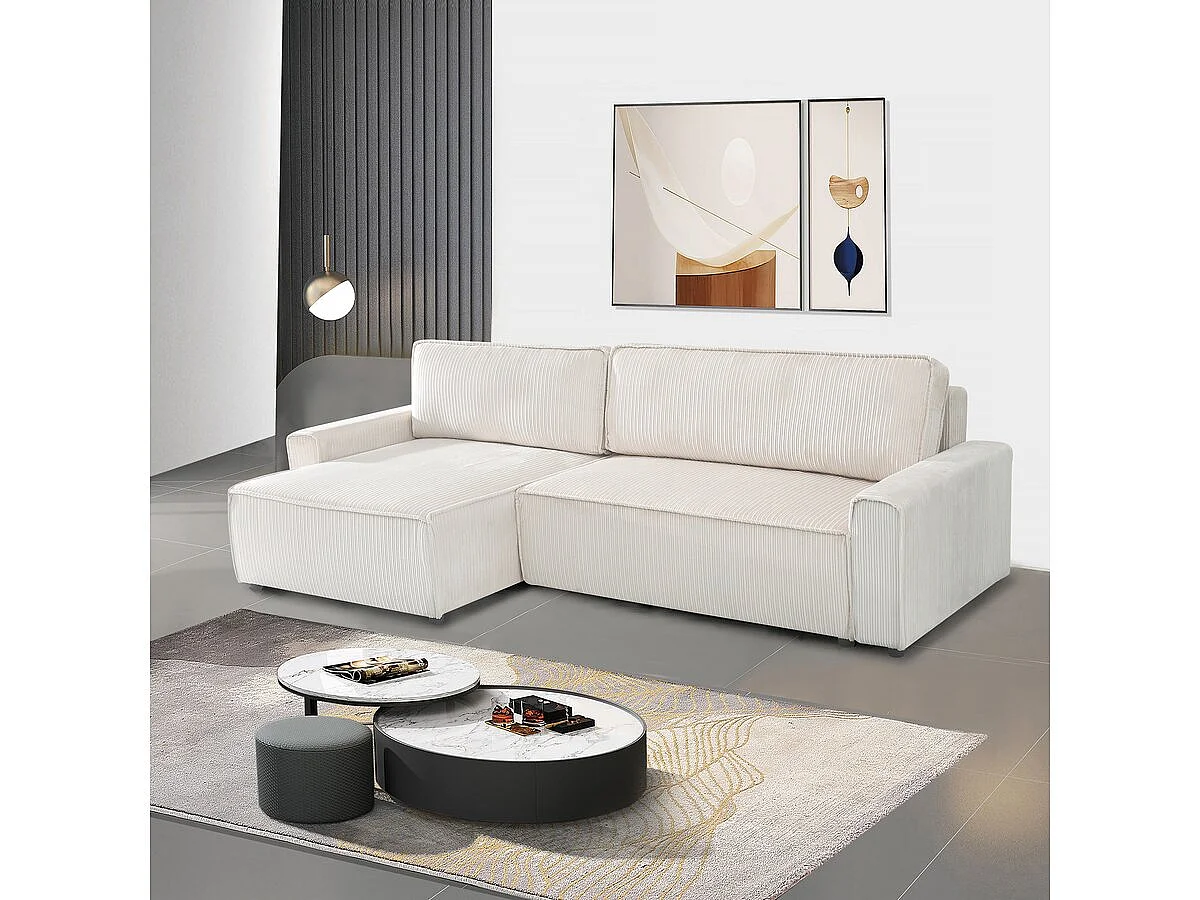 Canapé d'angle convertible et reversible en velours côtelé "Montaigne" - 3 places  - Beige