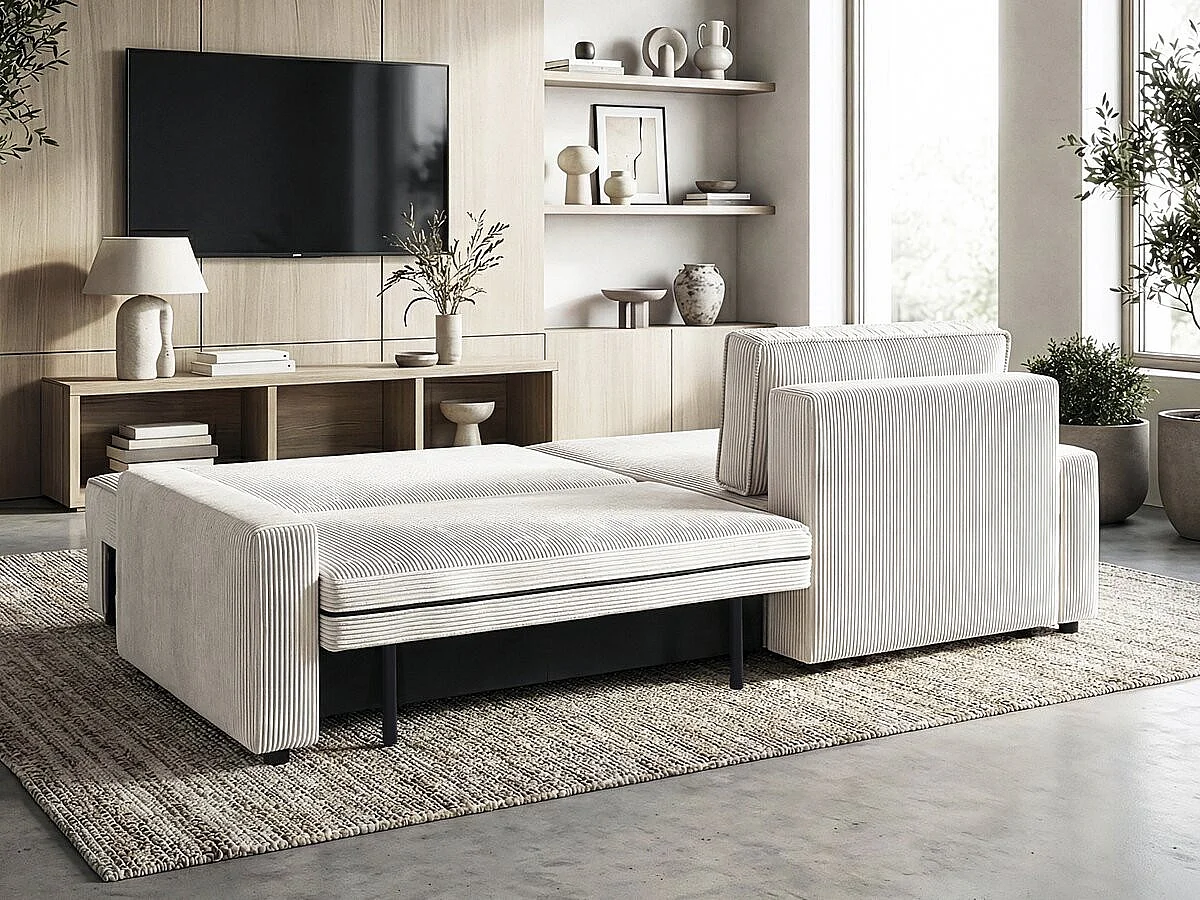 Canapé d'angle convertible et reversible en velours côtelé "Montaigne" - 3 places  - Beige