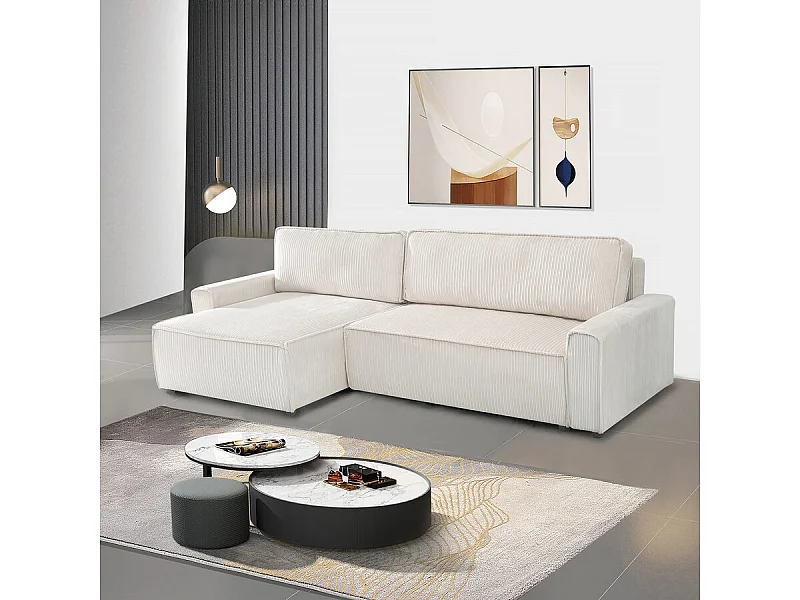 Canapé d'angle convertible et reversible en velours côtelé "Montaigne" - 3 places  - Beige