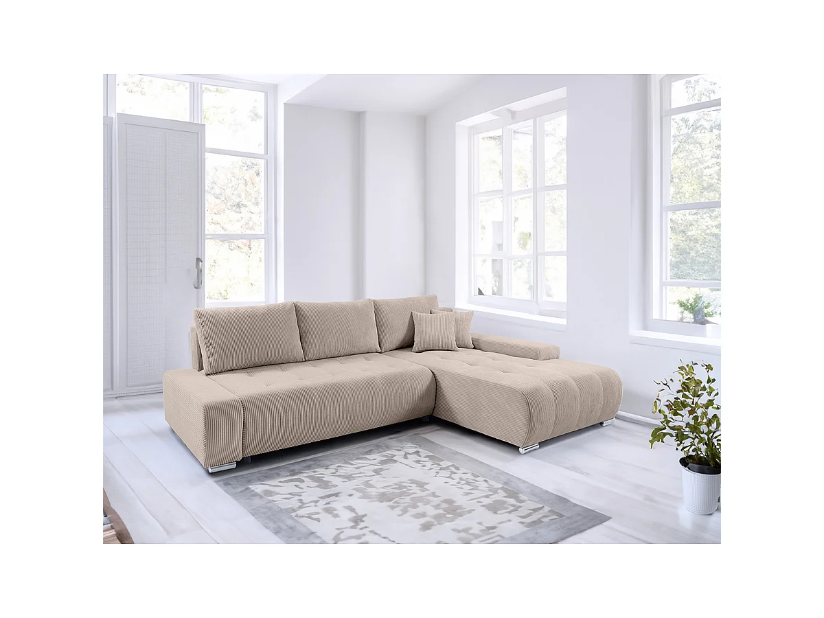 Canapé d'angle convertible droit 4 places coffre Jonas velours côtelé Taupe