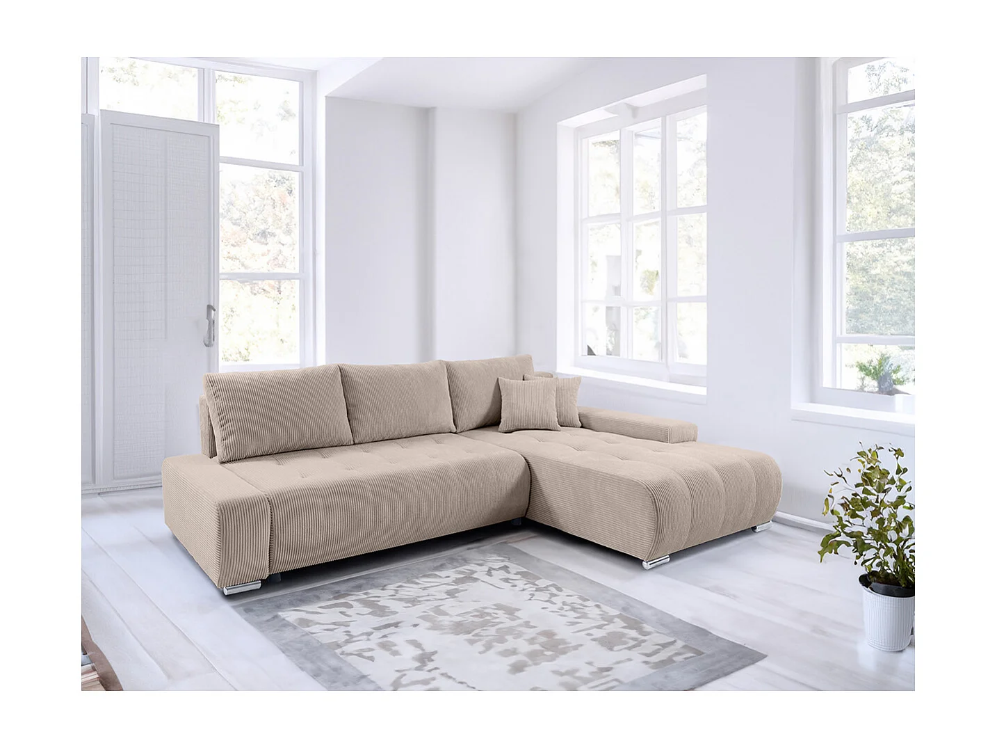 Canapé d'angle convertible droit 4 places coffre Jonas velours côtelé Taupe