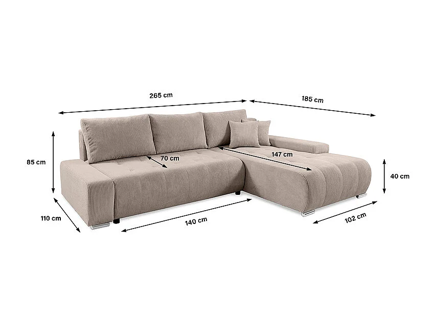 Canapé d'angle convertible droit 4 places coffre Jonas velours côtelé Taupe