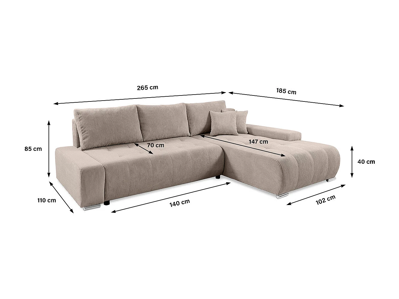 Canapé d'angle convertible droit 4 places coffre Jonas velours côtelé Taupe